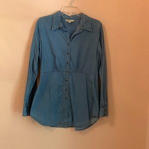 CAbi Jeans vintage jean shirt with snap front and gathered back.  Style 148.
